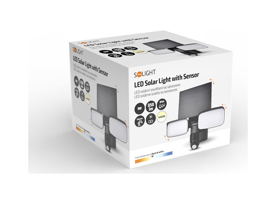 Solight LED solární osvětlení se senzorem, 9W, 850lm, 4000K, Li-Ion, černá