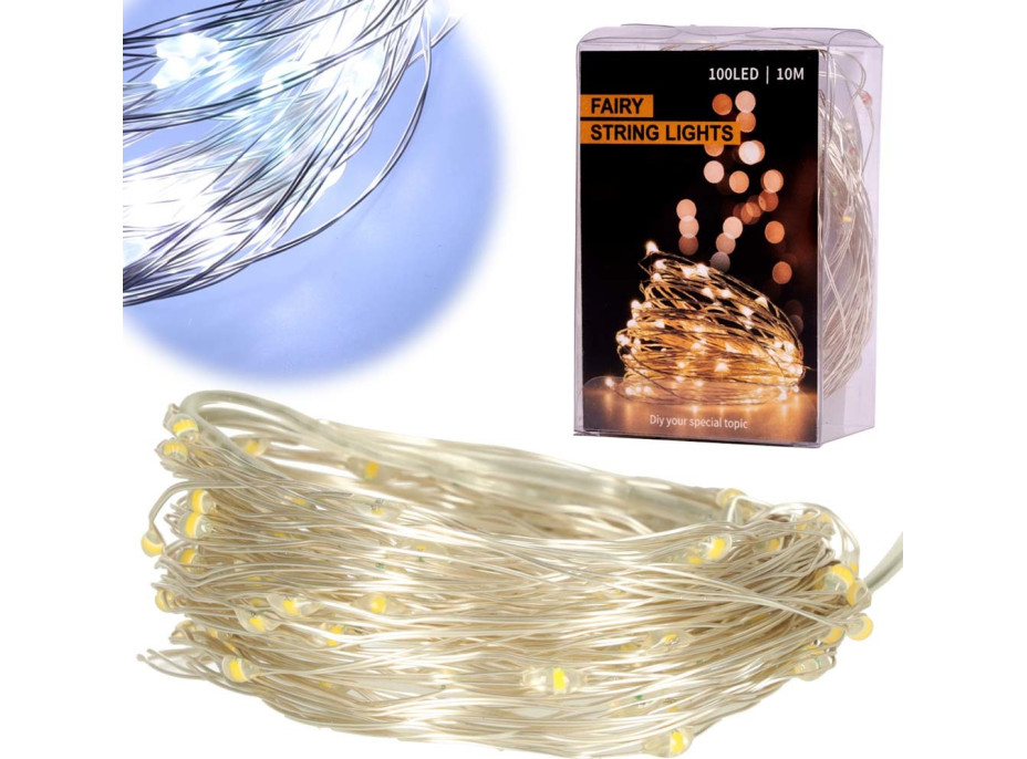 Dekorativní LED světla na drátku - 10m 100LED - studená bílá
