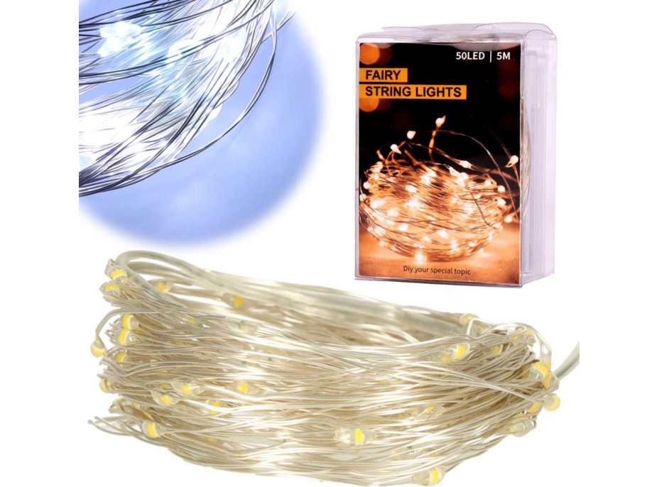 LED dekorativní osvětlení na drátku - 5m 50LED - studená bílá