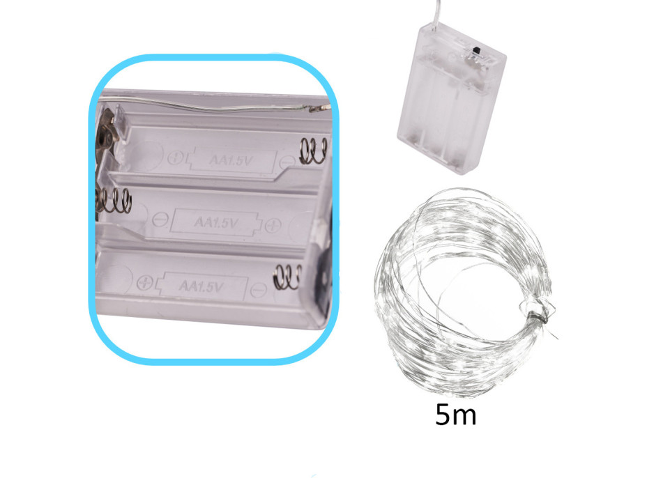 LED dekorativní osvětlení na drátku - 5m 50LED - studená bílá