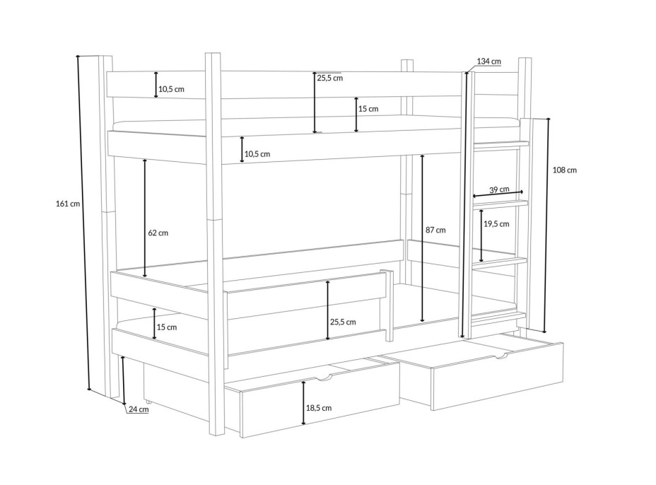 Dětská patrová postel z masivu borovice LEGEND se šuplíky - 200x80 cm - KAŠMÍROVÁ