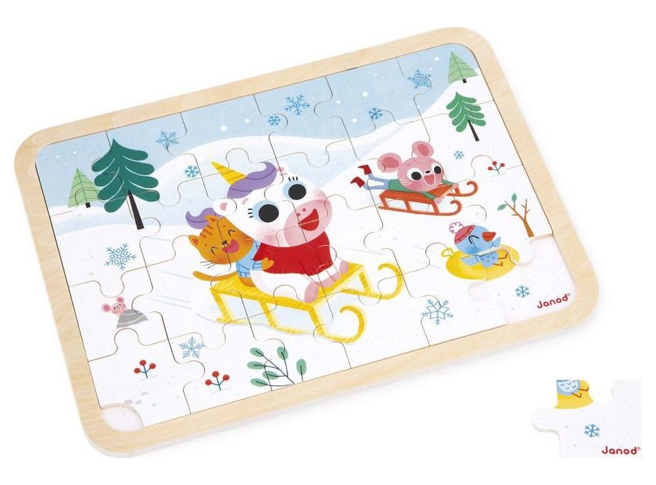 JANOD Dřevěné puzzle s hledáním rozdílů Sáňkování 24 dílků