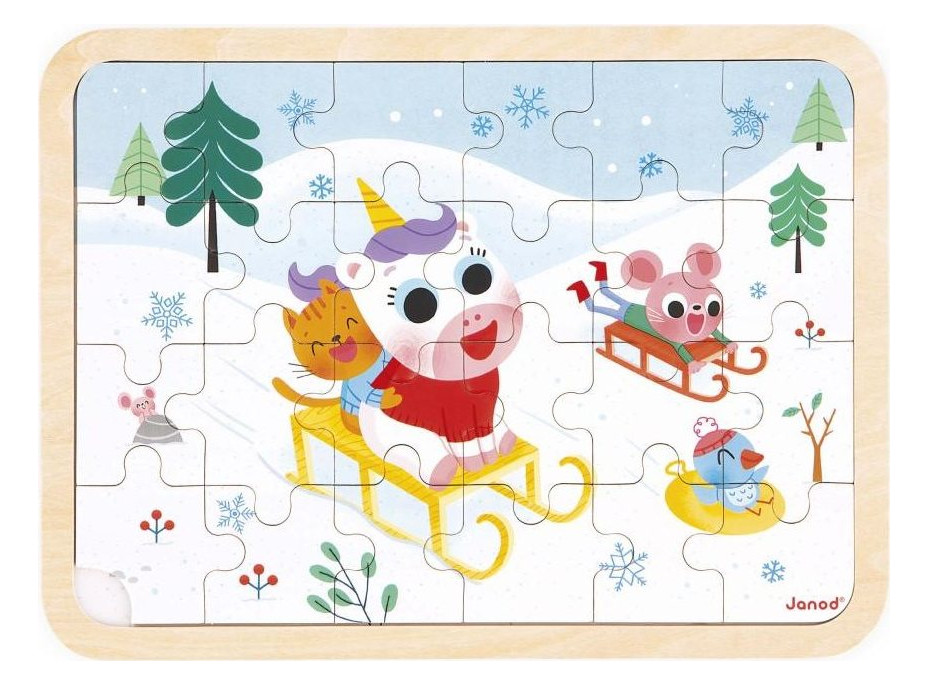 JANOD Dřevěné puzzle s hledáním rozdílů Sáňkování 24 dílků