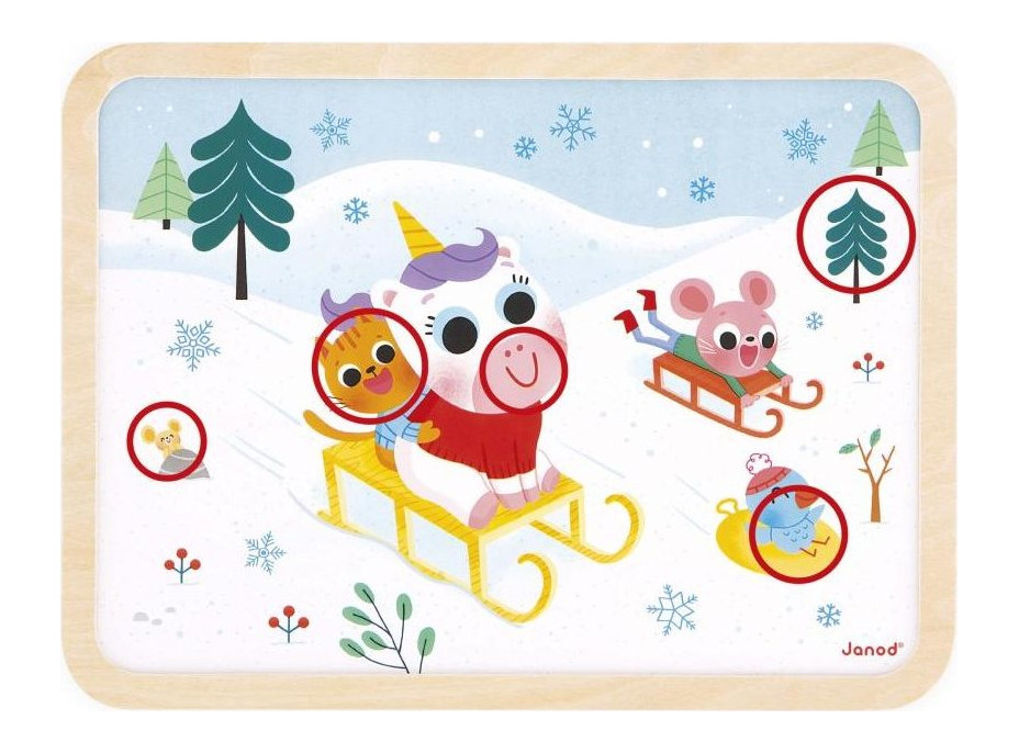 JANOD Dřevěné puzzle s hledáním rozdílů Sáňkování 24 dílků