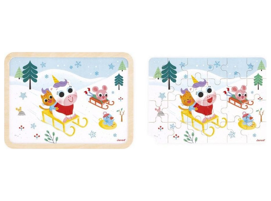 JANOD Dřevěné puzzle s hledáním rozdílů Sáňkování 24 dílků
