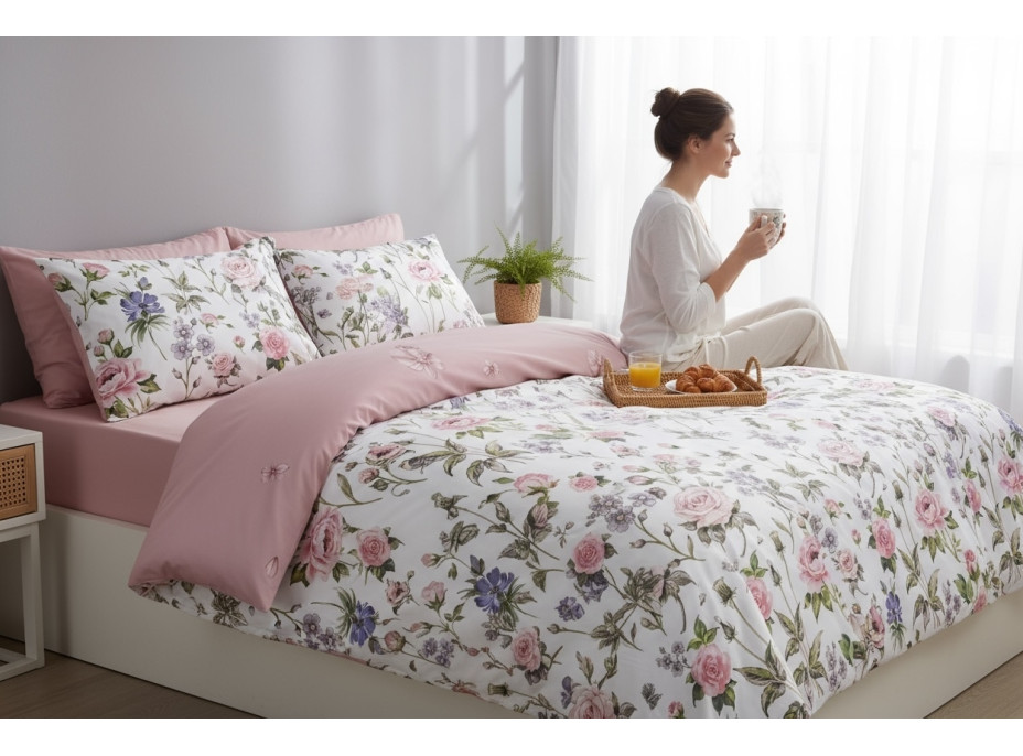Ložní povlečení z mikrovlákna FLOWER DREAM - 160x200 cm - bílé/růžové