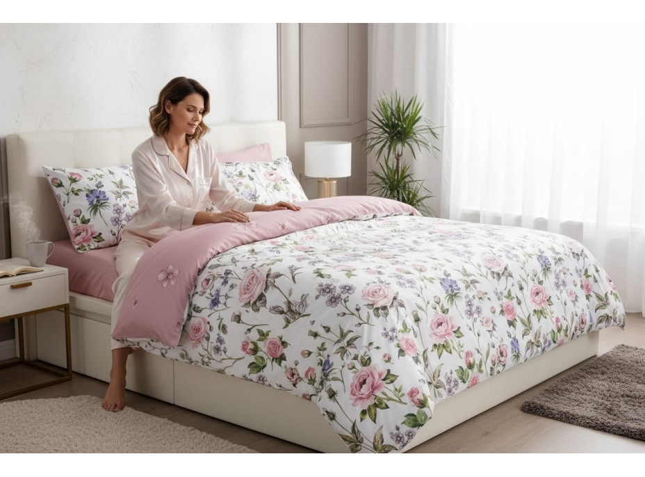 Ložní povlečení z mikrovlákna FLOWER DREAM - 160x200 cm - bílé/růžové