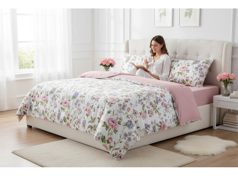 Ložní povlečení z mikrovlákna FLOWER DREAM - 160x200 cm - bílé/růžové