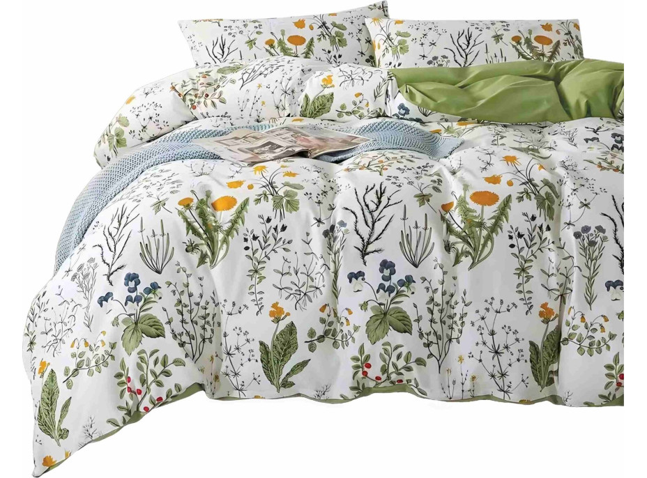 Ložní povlečení z mikrovlákna NATURAL MEADOW - 160x200 cm - bílé/světle zelené