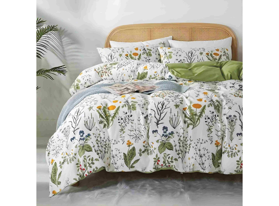 Ložní povlečení z mikrovlákna NATURAL MEADOW - 160x200 cm - bílé/světle zelené