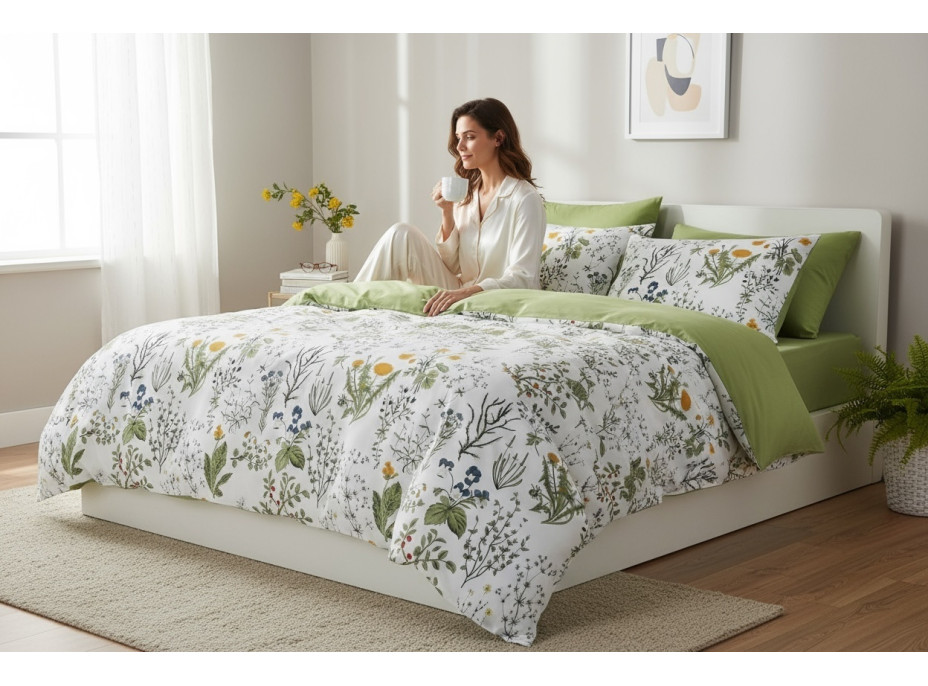 Ložní povlečení z mikrovlákna NATURAL MEADOW - 160x200 cm - bílé/světle zelené