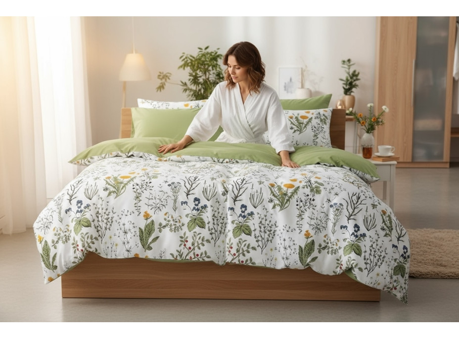 Ložní povlečení z mikrovlákna NATURAL MEADOW - 160x200 cm - bílé/světle zelené