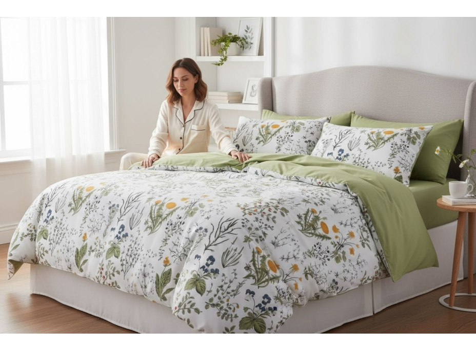 Ložní povlečení z mikrovlákna NATURAL MEADOW - 160x200 cm - bílé/světle zelené