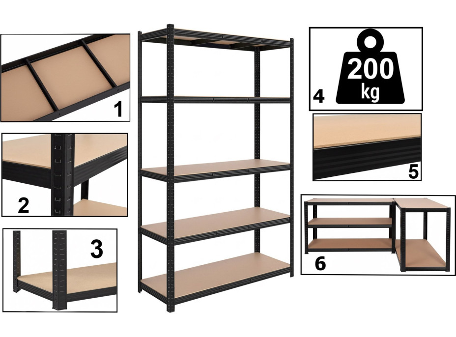 Policový regál - 5 polic - 205x120x45 cm - černý