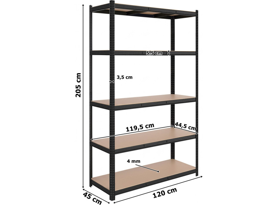Policový regál - 5 polic - 205x120x45 cm - černý