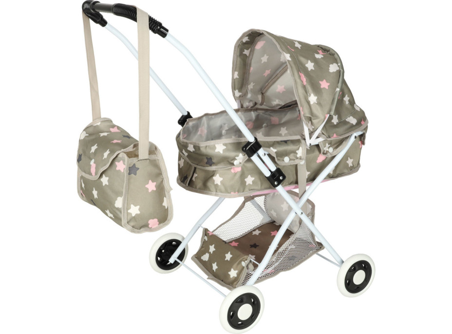 Hluboký kočárek pro panenky s taškou - Hvězdy - šedý