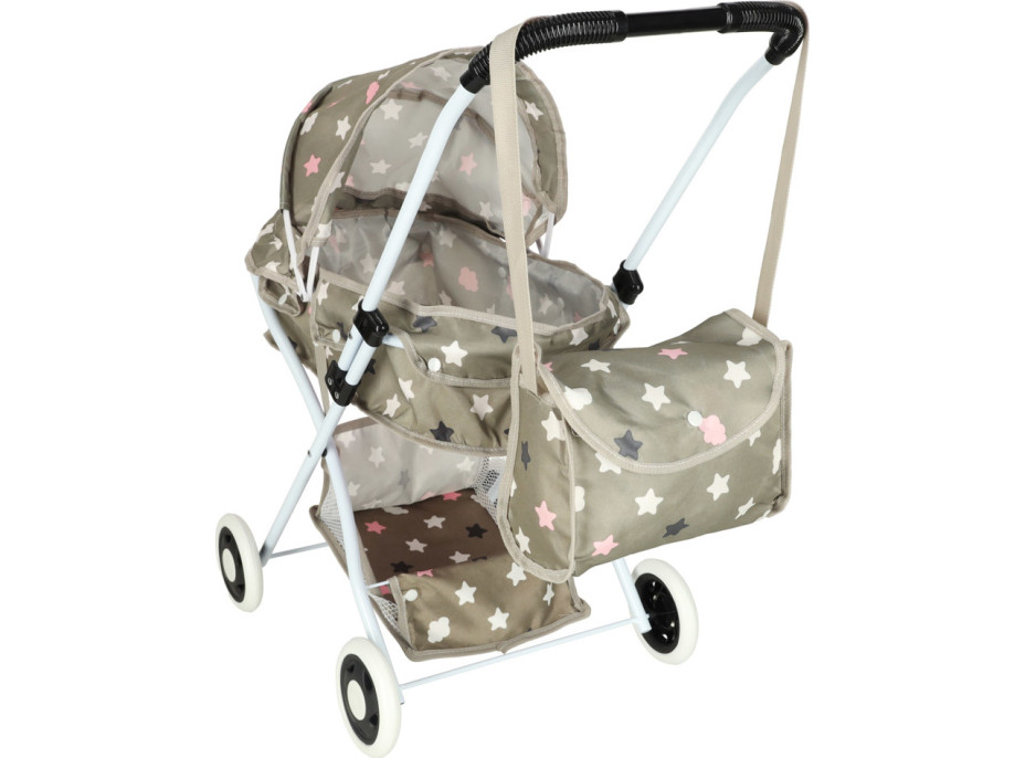 Hluboký kočárek pro panenky s taškou - Hvězdy - šedý