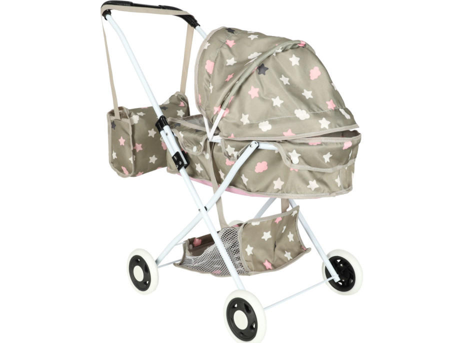 Hluboký kočárek pro panenky s taškou - Hvězdy - šedý