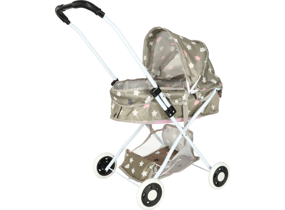 Hluboký kočárek pro panenky s taškou - Hvězdy - šedý