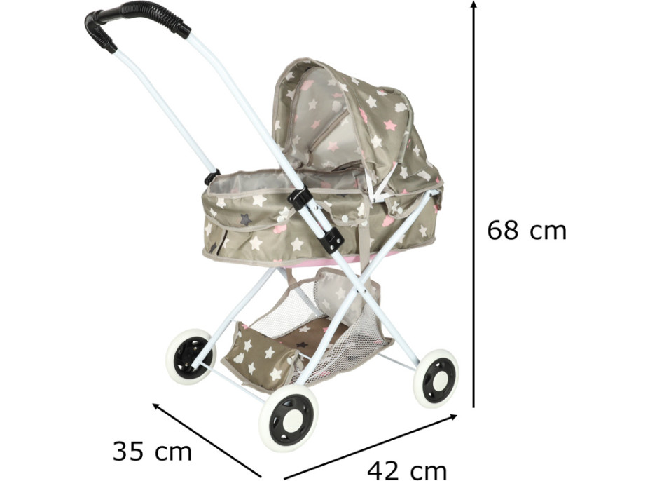 Hluboký kočárek pro panenky s taškou - Hvězdy - šedý