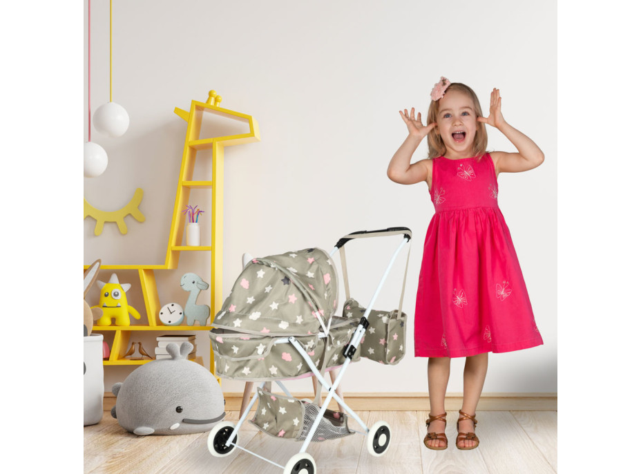 Hluboký kočárek pro panenky s taškou - Hvězdy - šedý