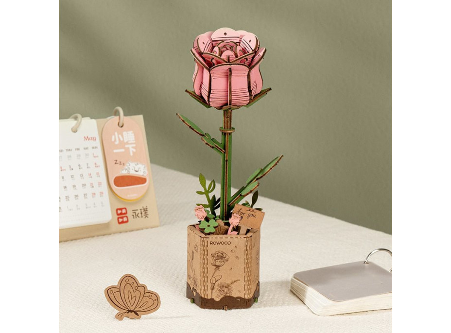 ROBOTIME Rowood 3D dřevěné puzzle Růžová růže 104 dílků