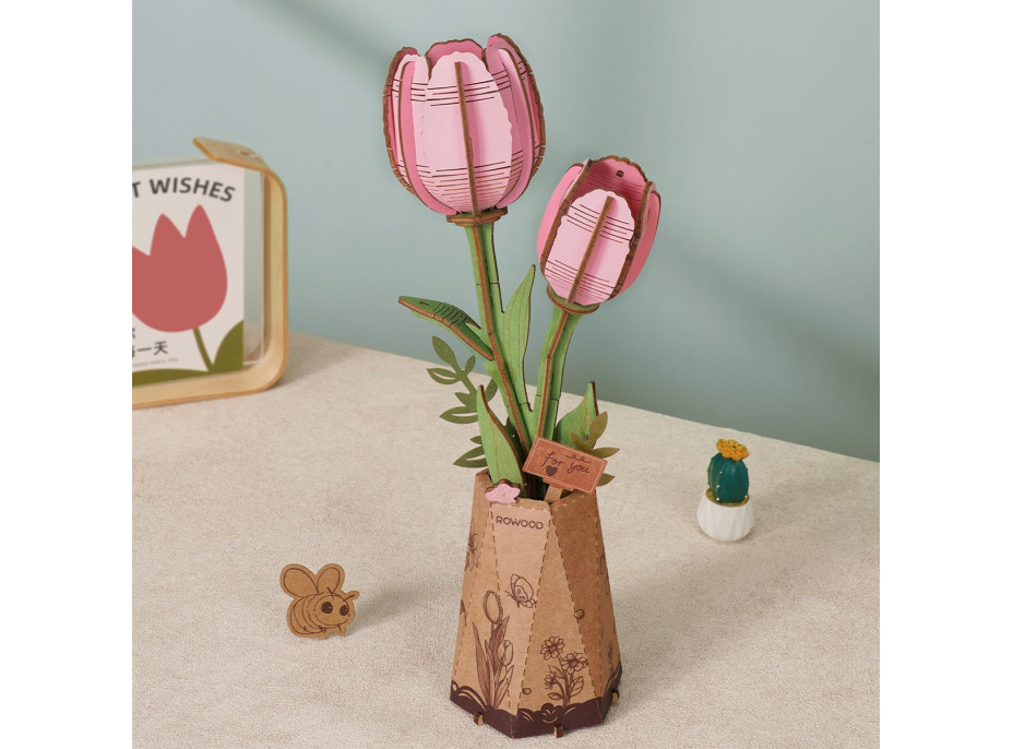ROBOTIME Rowood 3D dřevěné puzzle Růžové tulipány 72 dílků