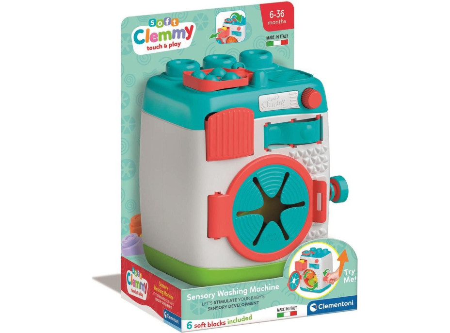 CLEMENTONI Soft Clemmy Vkládací senzorická pračka s kostkami