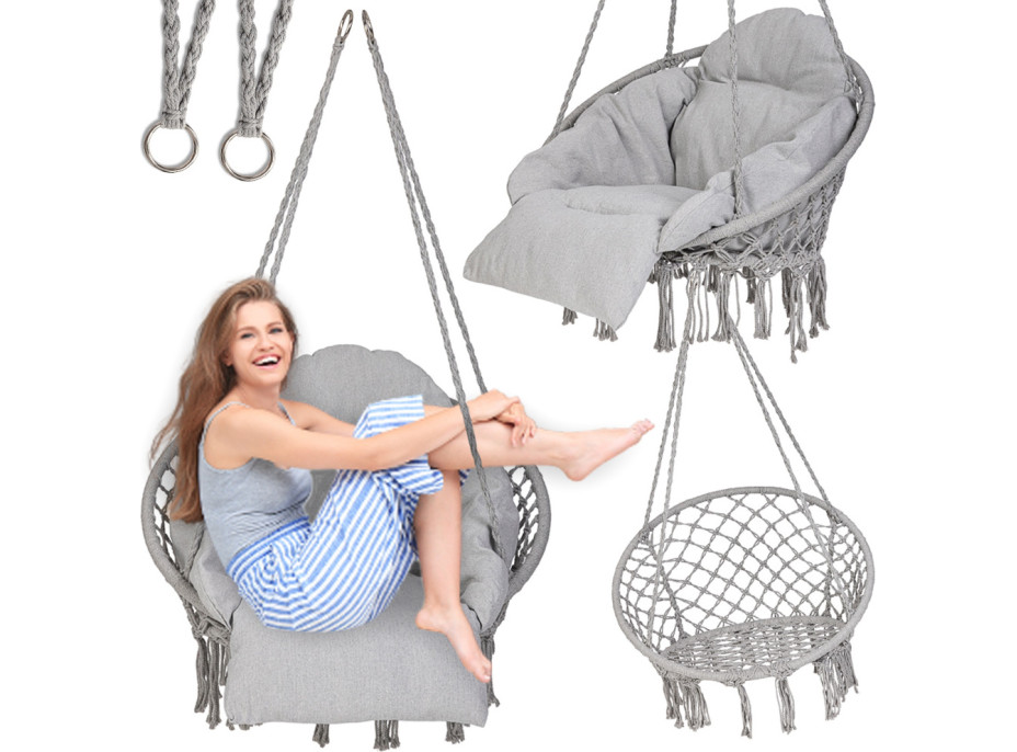 Houpací křeslo LUARO s opěradlem - šedé - 80 cm + polštář XXL
