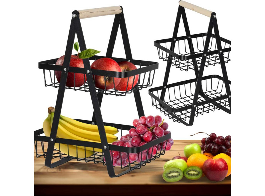 Dvoupatrový koš na ovoce a zeleninu - černý (kov, dřevo)