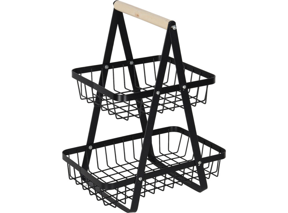 Dvoupatrový koš na ovoce a zeleninu - černý (kov, dřevo)