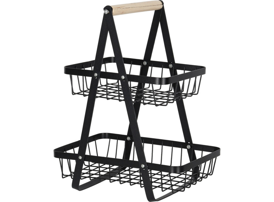 Dvoupatrový koš na ovoce a zeleninu - černý (kov, dřevo)