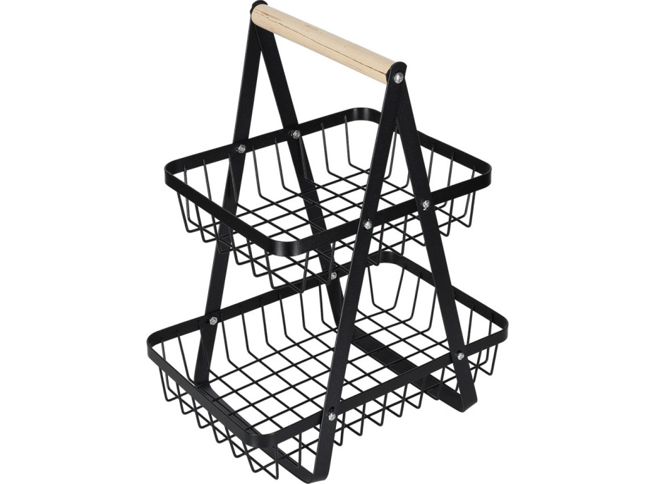 Dvoupatrový koš na ovoce a zeleninu - černý (kov, dřevo)