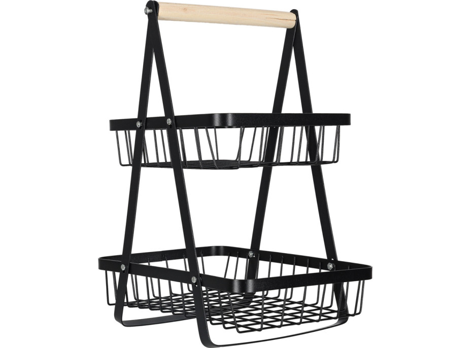 Dvoupatrový koš na ovoce a zeleninu - černý (kov, dřevo)