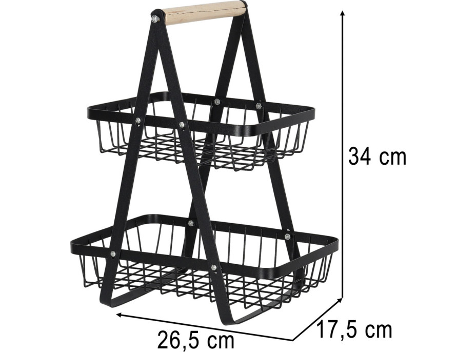 Dvoupatrový koš na ovoce a zeleninu - černý (kov, dřevo)