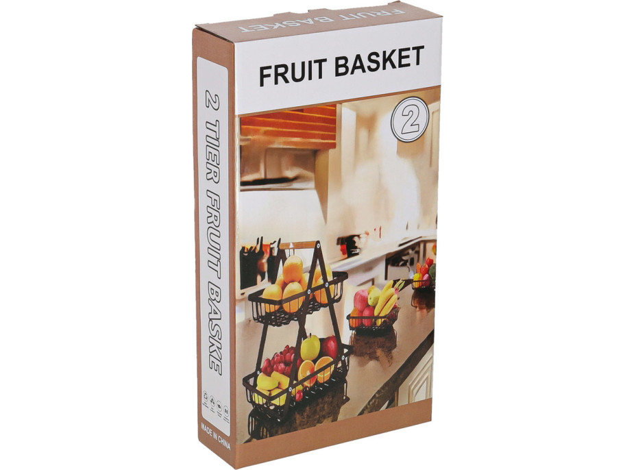 Dvoupatrový koš na ovoce a zeleninu - černý (kov, dřevo)