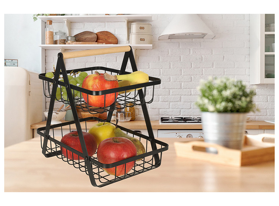 Dvoupatrový koš na ovoce a zeleninu - černý (kov, dřevo)