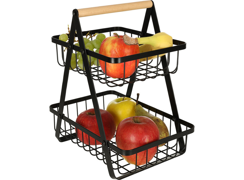 Dvoupatrový koš na ovoce a zeleninu - černý (kov, dřevo)