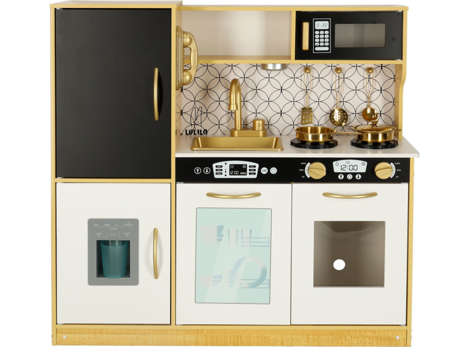 Dětská dřevěná kuchyňka s lednicí - bílá/zlatá