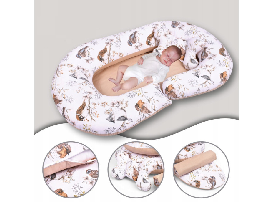 Hnízdečko (kokon) pro miminko/těhotenský polštář 2v1 s doplňky - Ptáčci/béžové
