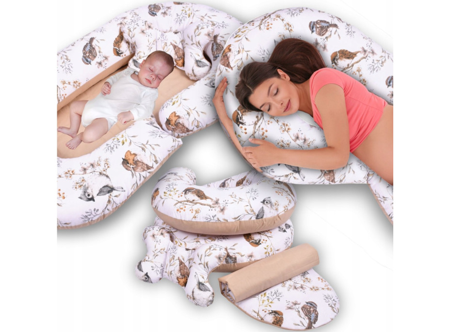 Hnízdečko (kokon) pro miminko/těhotenský polštář 2v1 s doplňky - Ptáčci/béžové