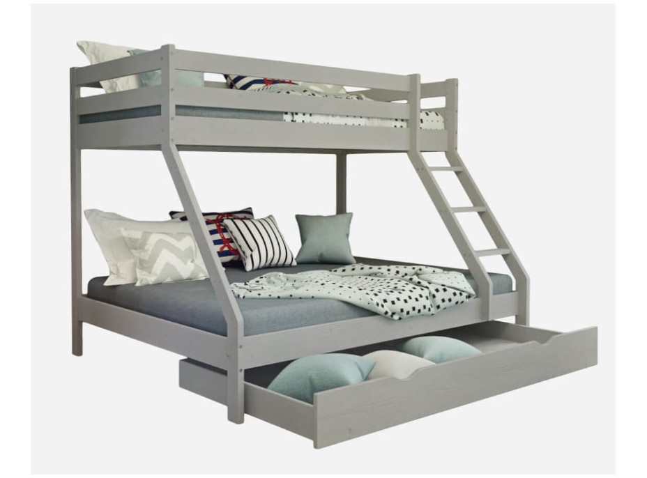 Dětská patrová postel z masivu 200x90 cm s rozšířeným spodním lůžkem 140 cm DENIS, se šuplíkem - šedá