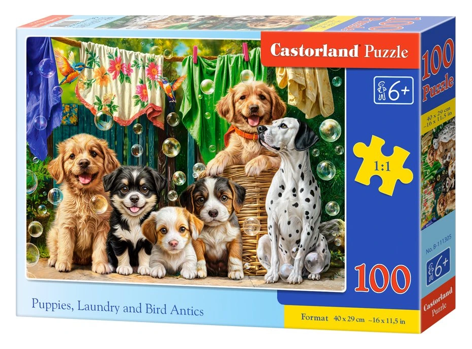 CASTORLAND Puzzle Štěňata, prádlo a ptačí dovádění 100 dílků