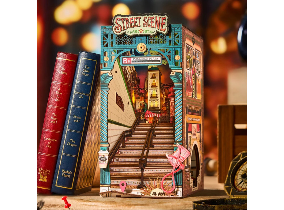RoboTime 3D skládačka Zarážka na knihy Miniatura domečku Městská ulice