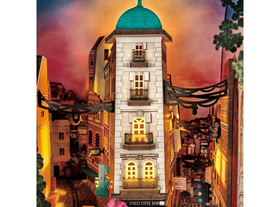 RoboTime 3D skládačka Zarážka na knihy Miniatura domečku Městská ulice