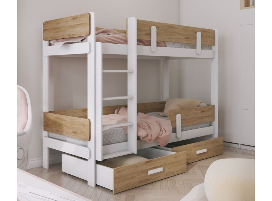 Dětská patrová postel z masivu borovice ETTORE se šuplíky 200x90 cm - bílá/dub shetland, žebřík vlevo