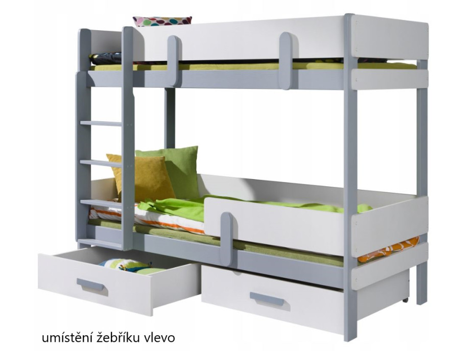 Dětská patrová postel z masivu borovice ETTORE se šuplíky 200x90 cm - bílá/dub shetland, žebřík vlevo