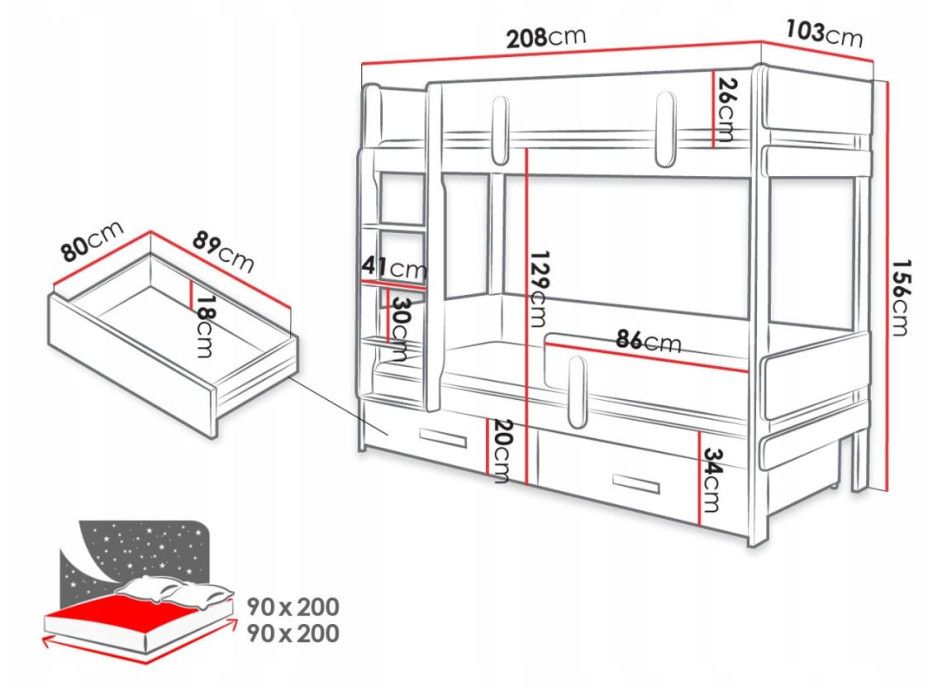 Dětská patrová postel z masivu borovice ETTORE se šuplíky 200x90 cm - bílá/dub shetland, žebřík vlevo