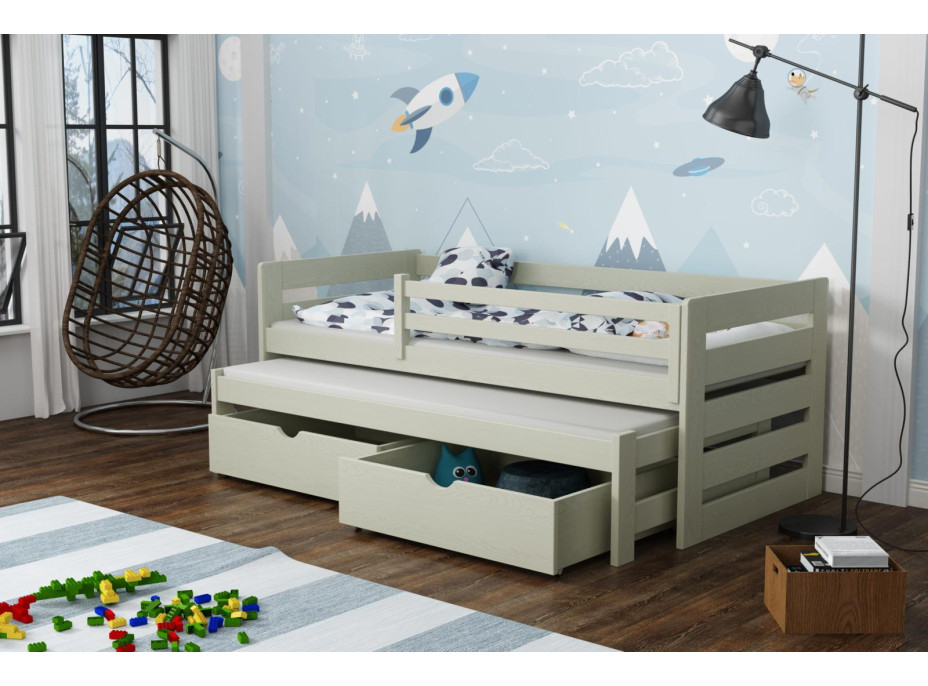 Dětská postel z masivu borovice JOLANA s přistýlkou a šuplíky - 190x90 cm - OLIVOVĚ ZELENÁ