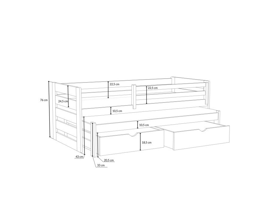 Dětská postel z masivu borovice JOLANA s přistýlkou a šuplíky - 180x80 cm - OLIVOVĚ ZELENÁ